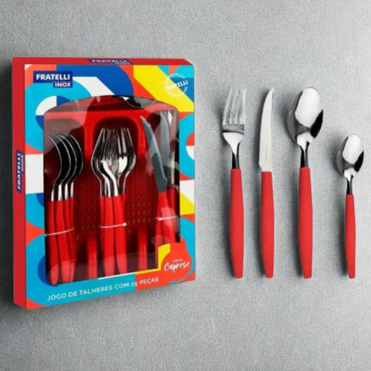 Conjunto de Talheres Inox 25 Peças com Porta-Talher – Faqueiro Fratelli Caprese Vermelho